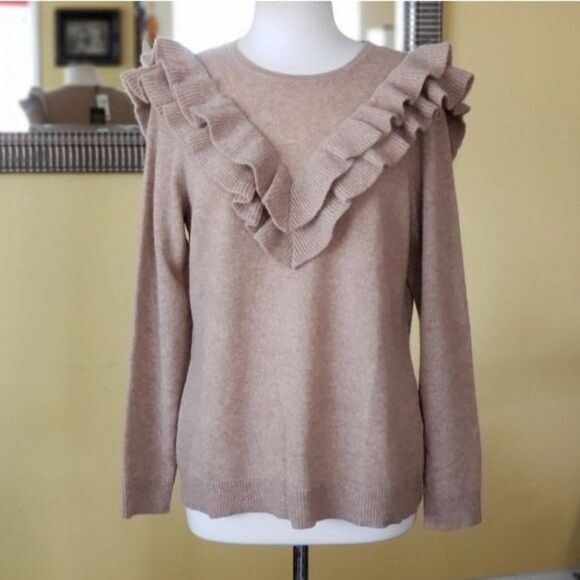 Charter Club Cashmere Ruffle Trim Sweater Women's Size Large Tan Brown Winter - Picture 2 of 9